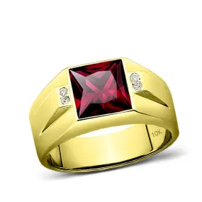 10K Real Yellow Fine Gold Red Ruby Ring For Men with 4 Natural Diamond Accents