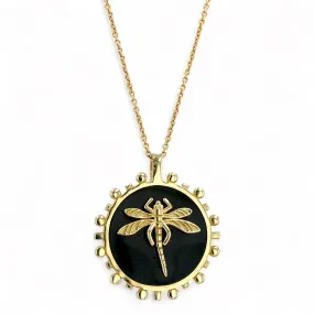 14K Yellow gold dragonfly onyx necklace-6790