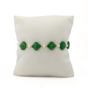 14K Yellow gold white agate green emerald color clover bracelet-63839