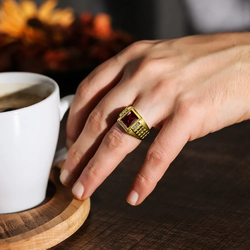 18K Real Yellow Fine Gold Red Ruby Mens Ring with 4 Natural Diamond Accents