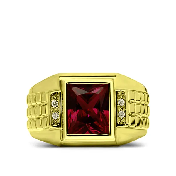 18K Real Yellow Fine Gold Red Ruby Mens Ring with 4 Natural Diamond Accents