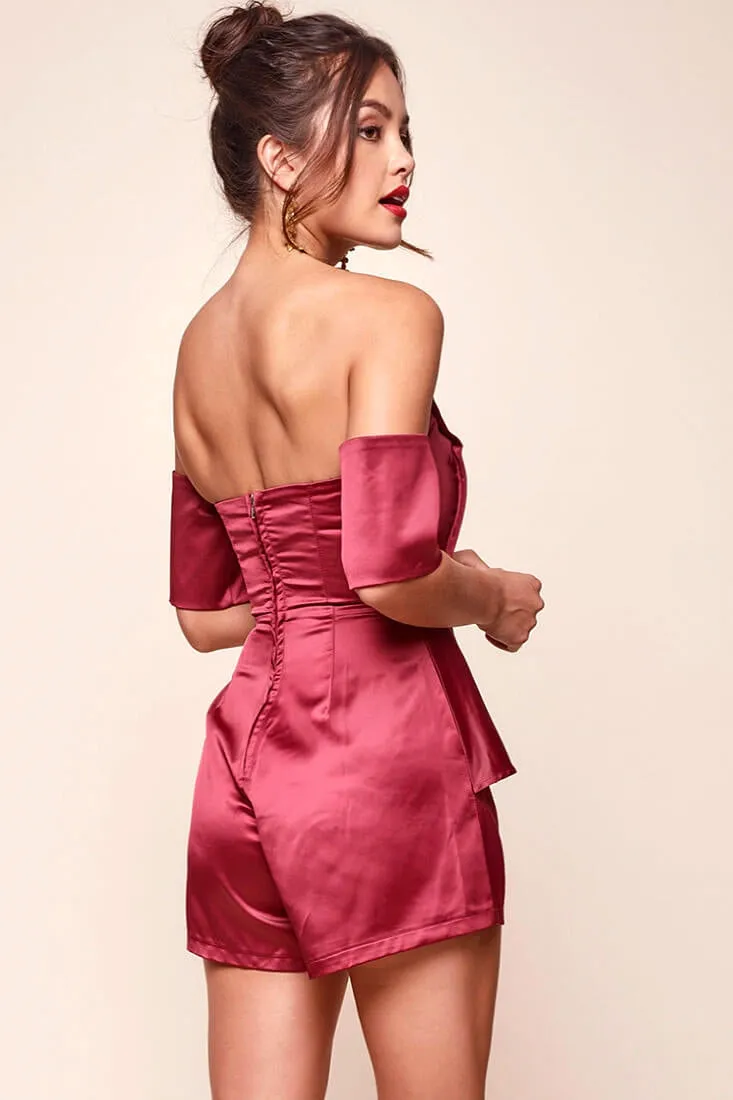 Aly Off the Shoulder Dressy Satin Romper Red Wine