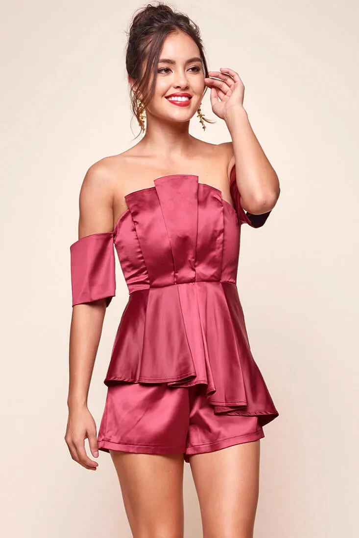 Aly Off the Shoulder Dressy Satin Romper Red Wine