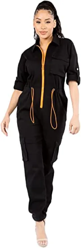 American Bazi Women's Zipper Front Utility Cargo Jumpsuit