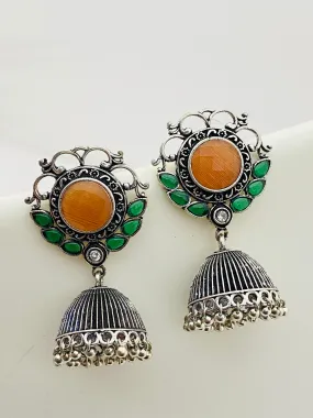 Attractive Bollywood Style Stone Beaded Floral Designed Silver Plated Oxidized Jhumka Earrings With Pearl Beads