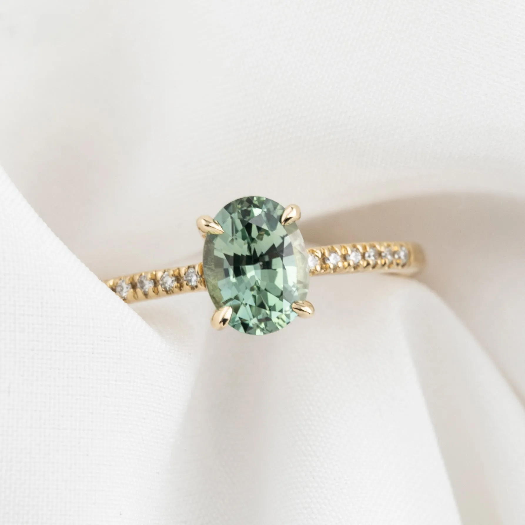 Audrey Ring 1.24ct Light Green Oval Montana Sapphire, 14K Yellow Gold (One of a kind)