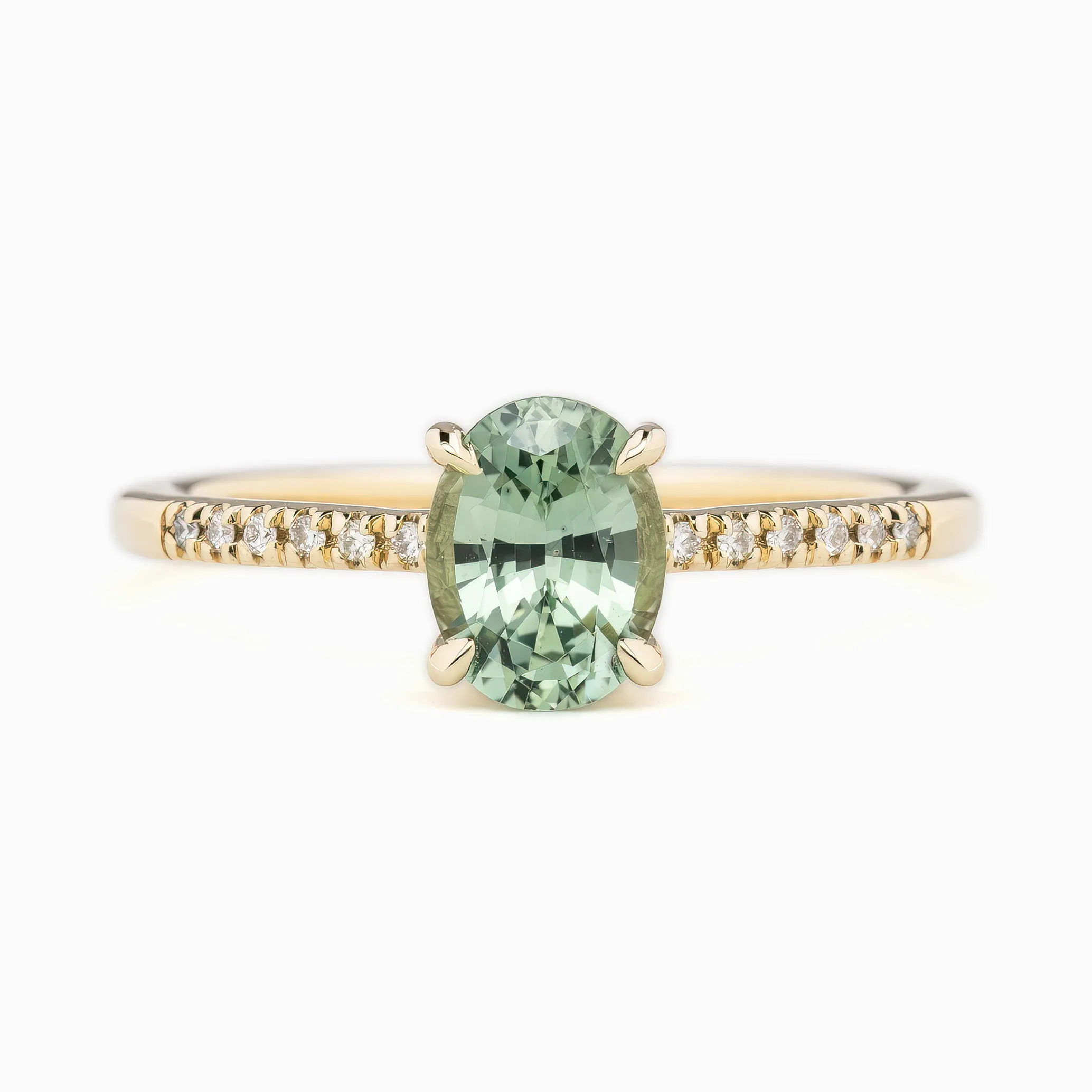 Audrey Ring 1.24ct Light Green Oval Montana Sapphire, 14K Yellow Gold (One of a kind)