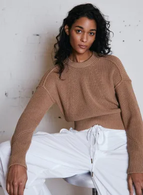 Autumn Cashmere Exposed Seam Shaker Crewneck Sweater in Camel