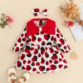 Baby Long Sleeve Dress Valentine's Day Love Print Princess Dress Headband Set