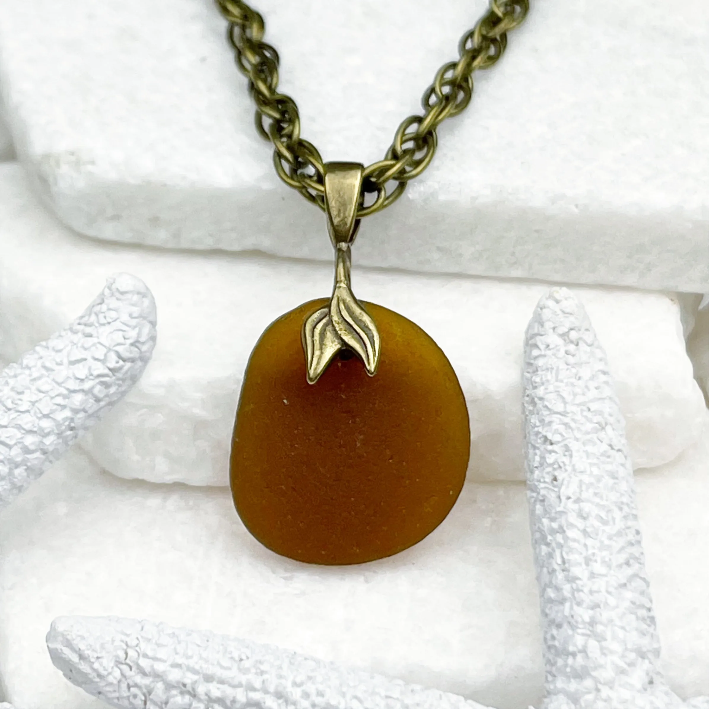 Caramel Rootbeer Sea Glass Pendant with Bronze Mermaid Tail Bail | #5052