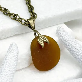 Caramel Rootbeer Sea Glass Pendant with Bronze Mermaid Tail Bail | #5052