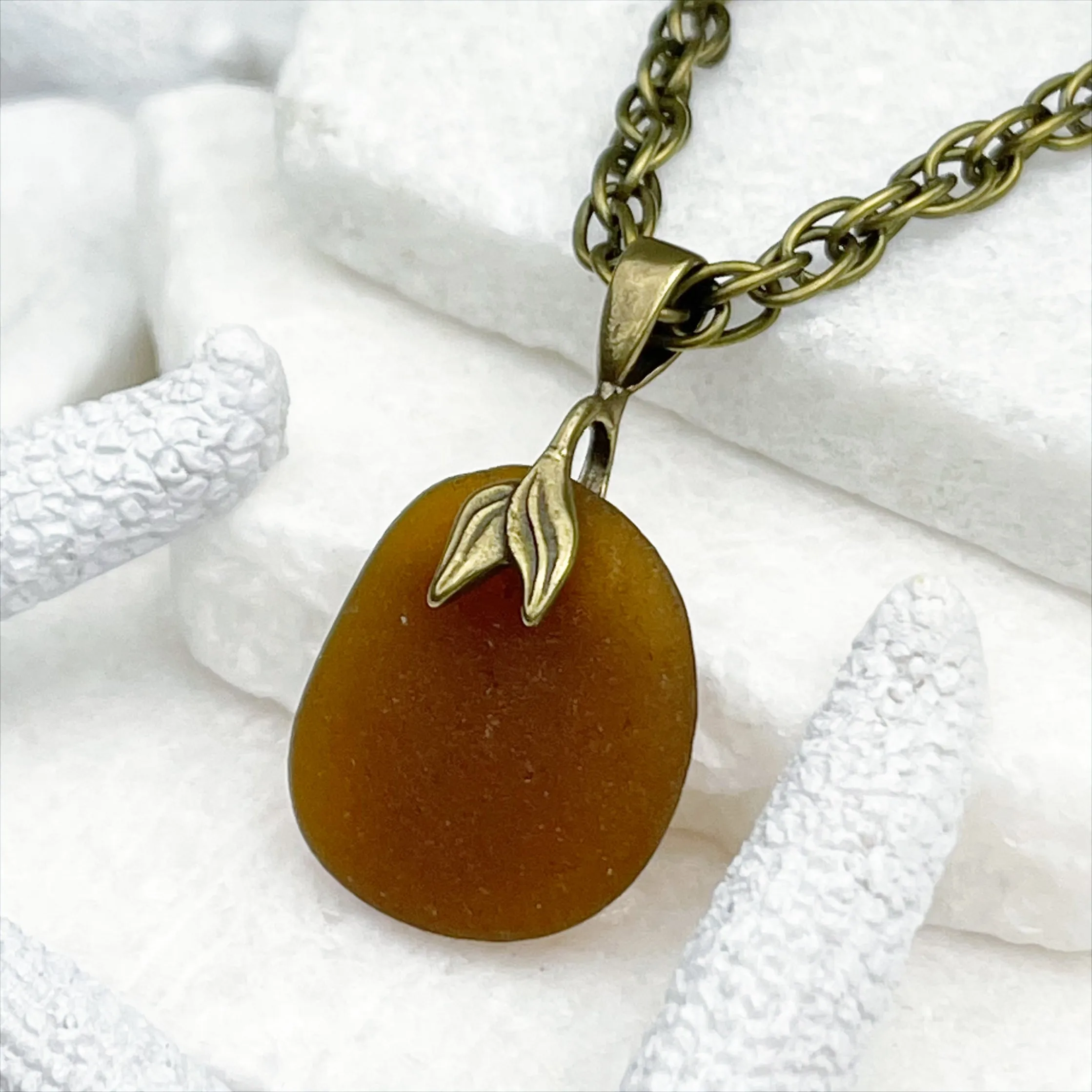 Caramel Rootbeer Sea Glass Pendant with Bronze Mermaid Tail Bail | #5052