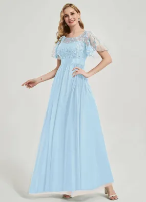 Cornflower Blue Sheer Sleeve A-Line Floor Length Sequin Formal Dress For Brides