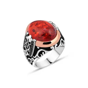 Domic Red Ellipse Synthetic Amber Stone Silver Men's Ring Siding Braid Pattern and Zircons