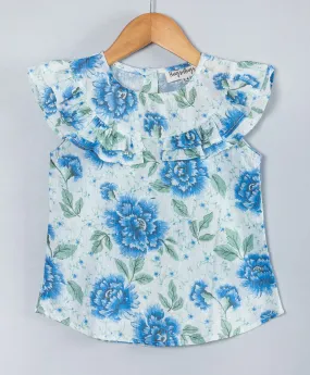 Floral top with frill along the yoke-Turq blue