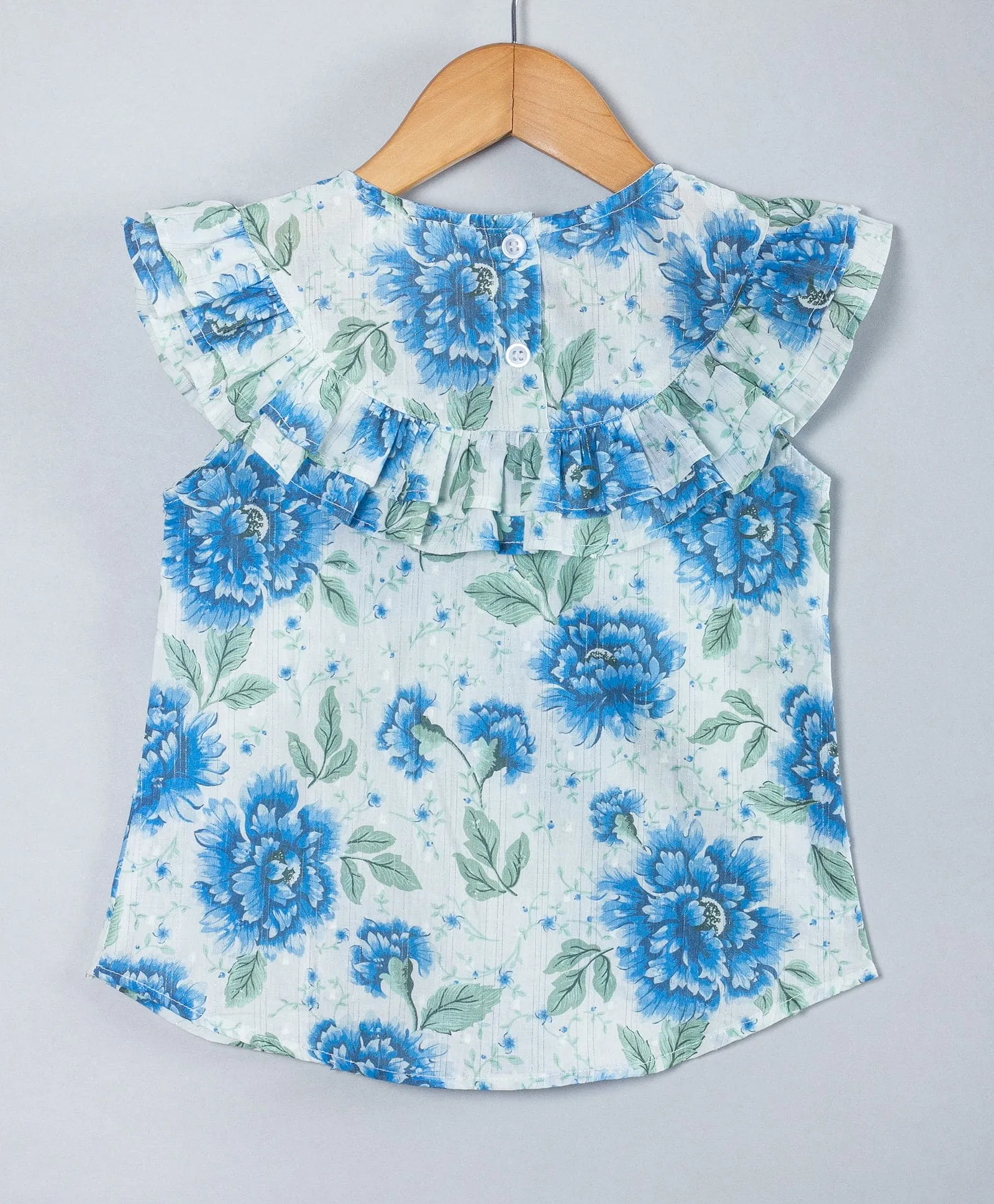 Floral top with frill along the yoke-Turq blue