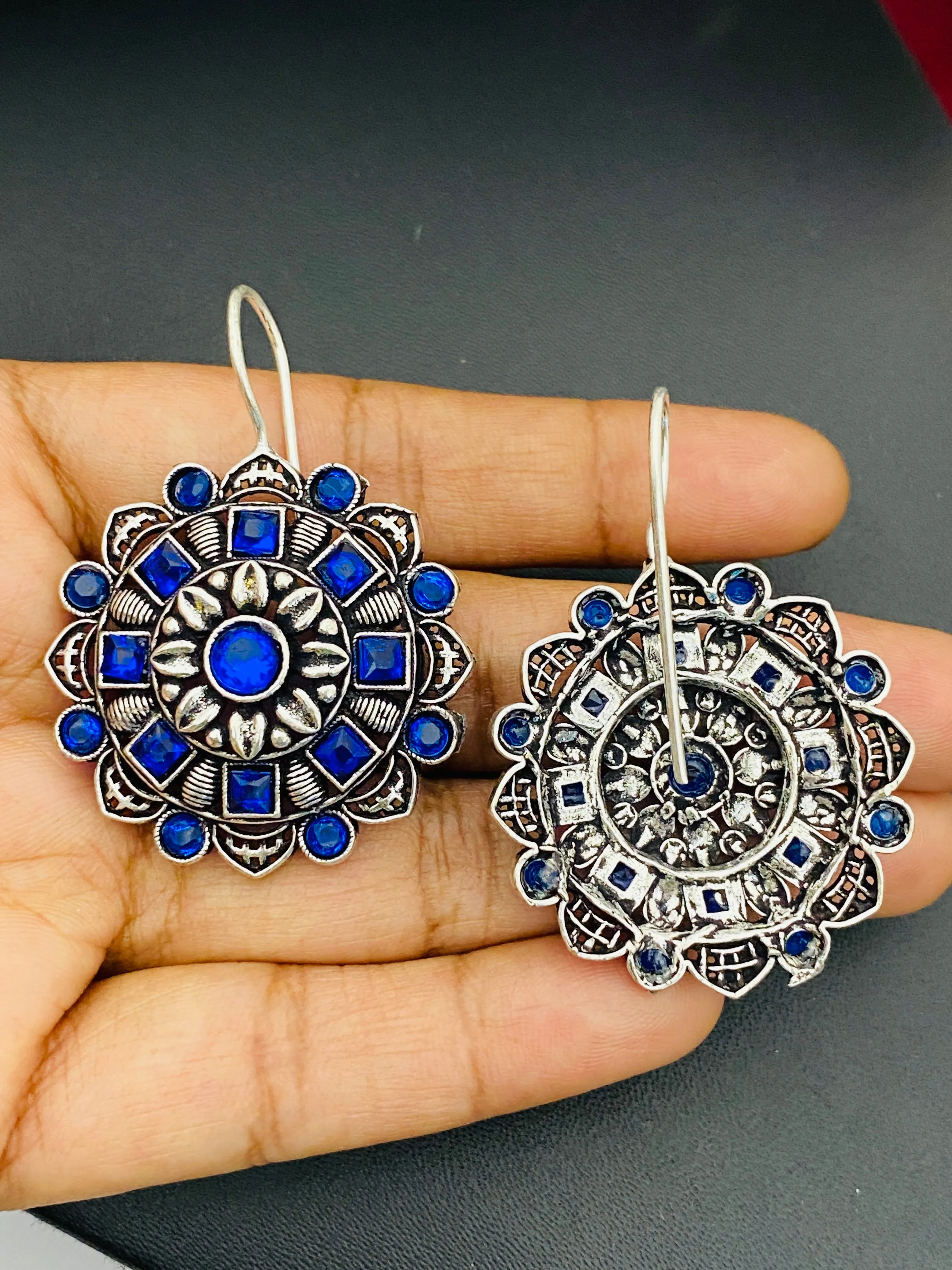 Gorgeous Floral Design Silver Plated Oxidized Blue Stone Studded Hook Earrings