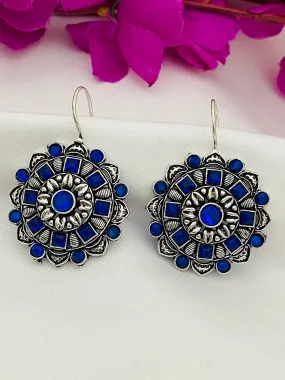 Gorgeous Floral Design Silver Plated Oxidized Blue Stone Studded Hook Earrings