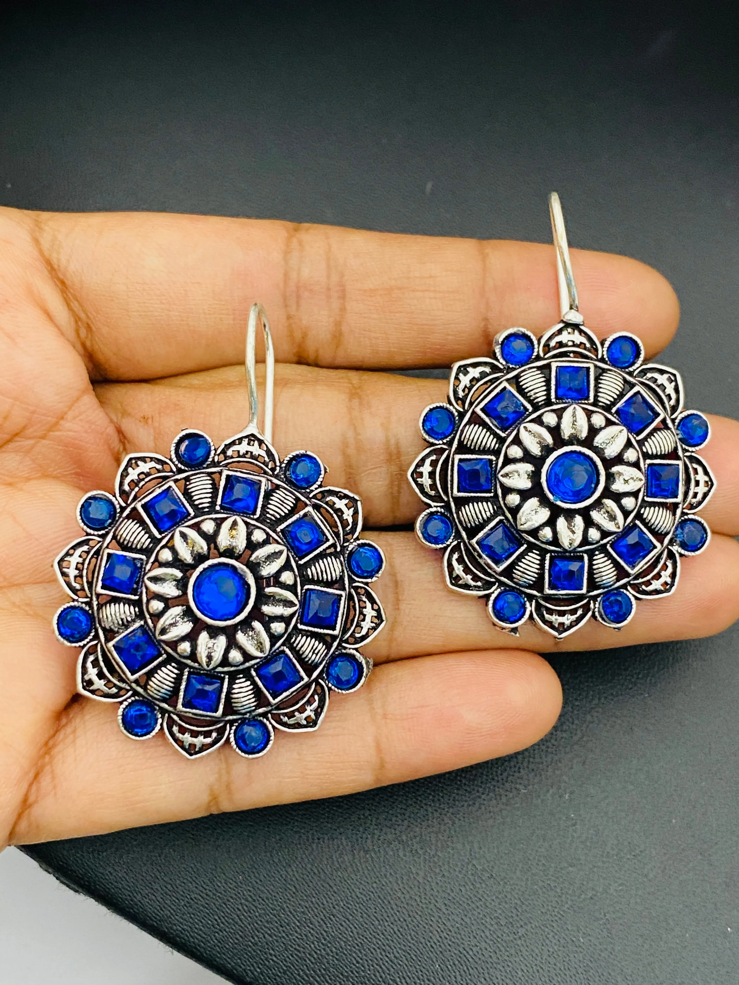 Gorgeous Floral Design Silver Plated Oxidized Blue Stone Studded Hook Earrings