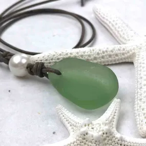 Huge Seafoam Bottle Bottom Sea Glass Leather Necklace with Genuine Pearl | #1398