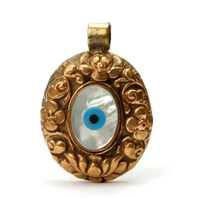 Mother of Pearl Blue Eye Evil Eye Set in Copper Oval Pendant # 55 - 1