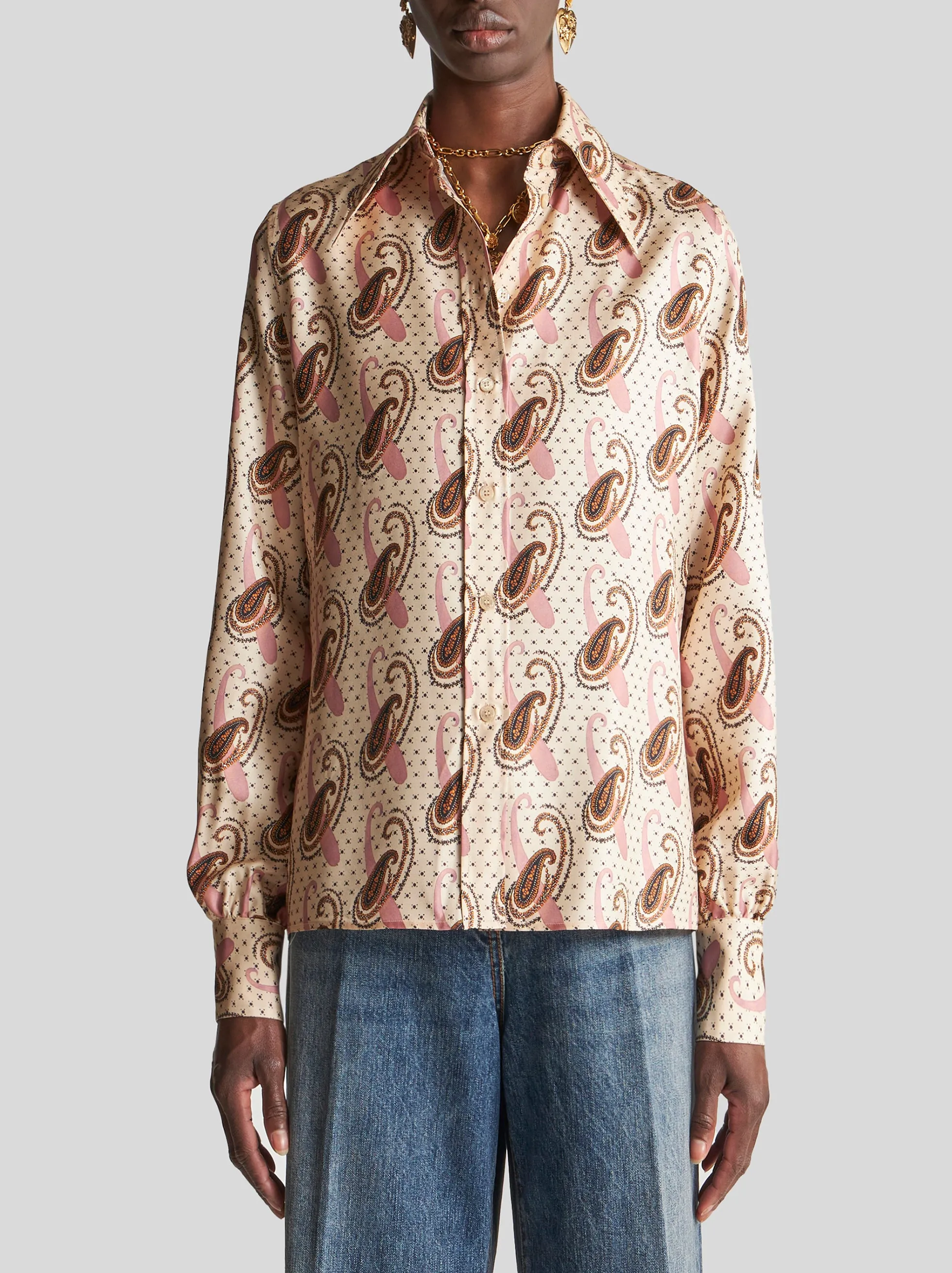 Multi-Print Silk Shirt in Ivory