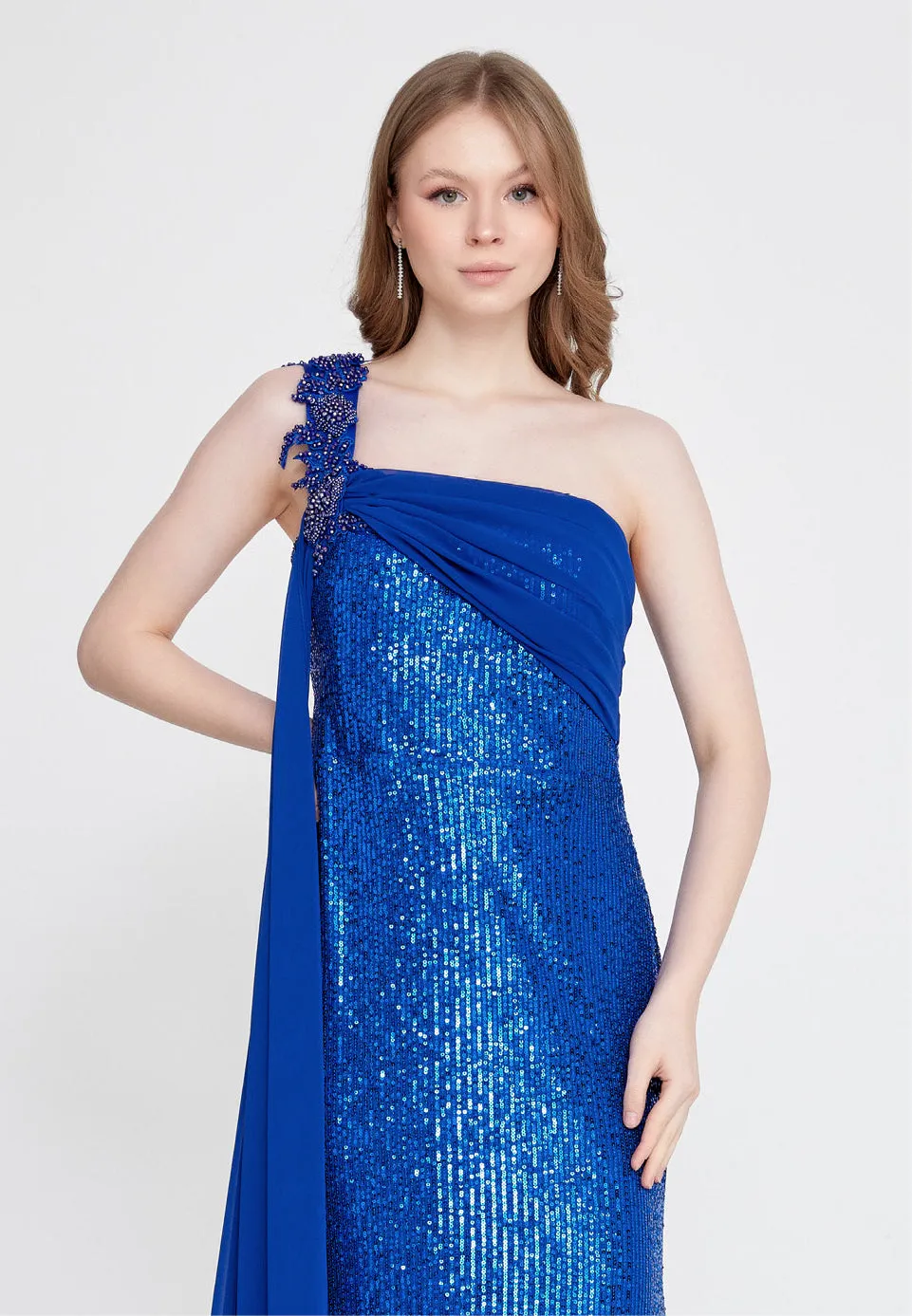 One-shoulder Sequin Gown with Long Chiffon Shoulder - Royal Blue