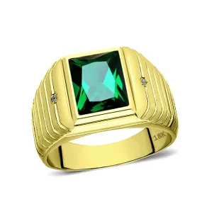 Real 18k Yellow Gold Real Diamond Mens Statement Wedding Ring with Green Emerald