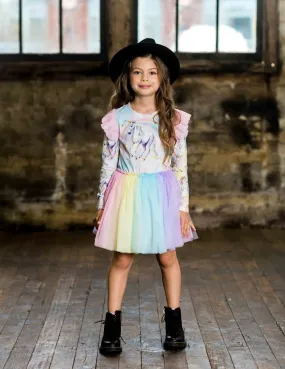 Rock Your Kid - SORBET UNICORN LONG SLEEVE CIRCUS DRESS WITH SHOULDER FRILLS