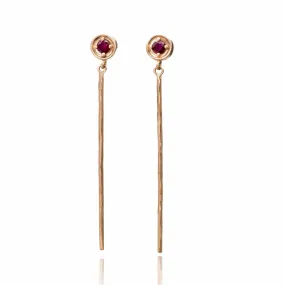 Round Prong Set Ruby 14k Rose Gold Long Dangle Earrings