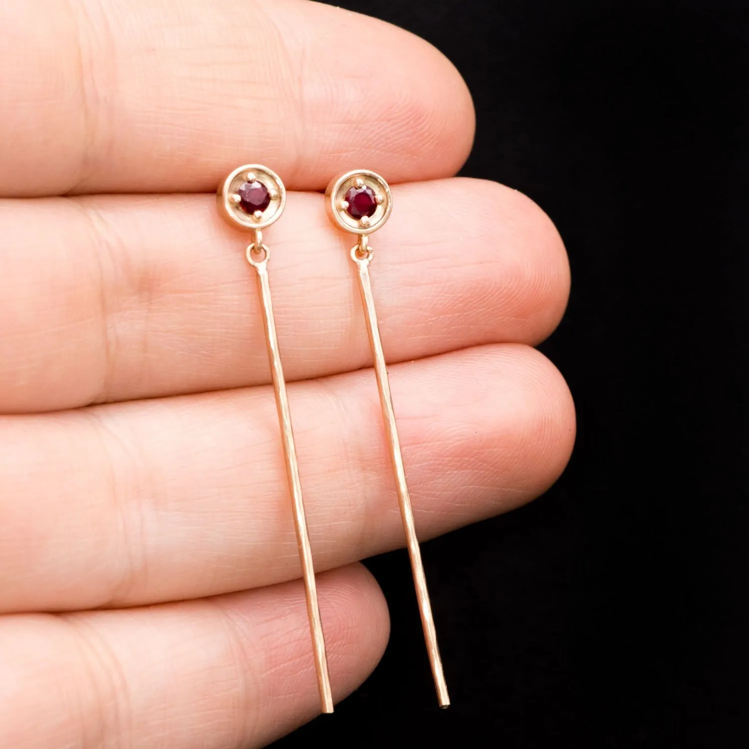 Round Prong Set Ruby 14k Rose Gold Long Dangle Earrings