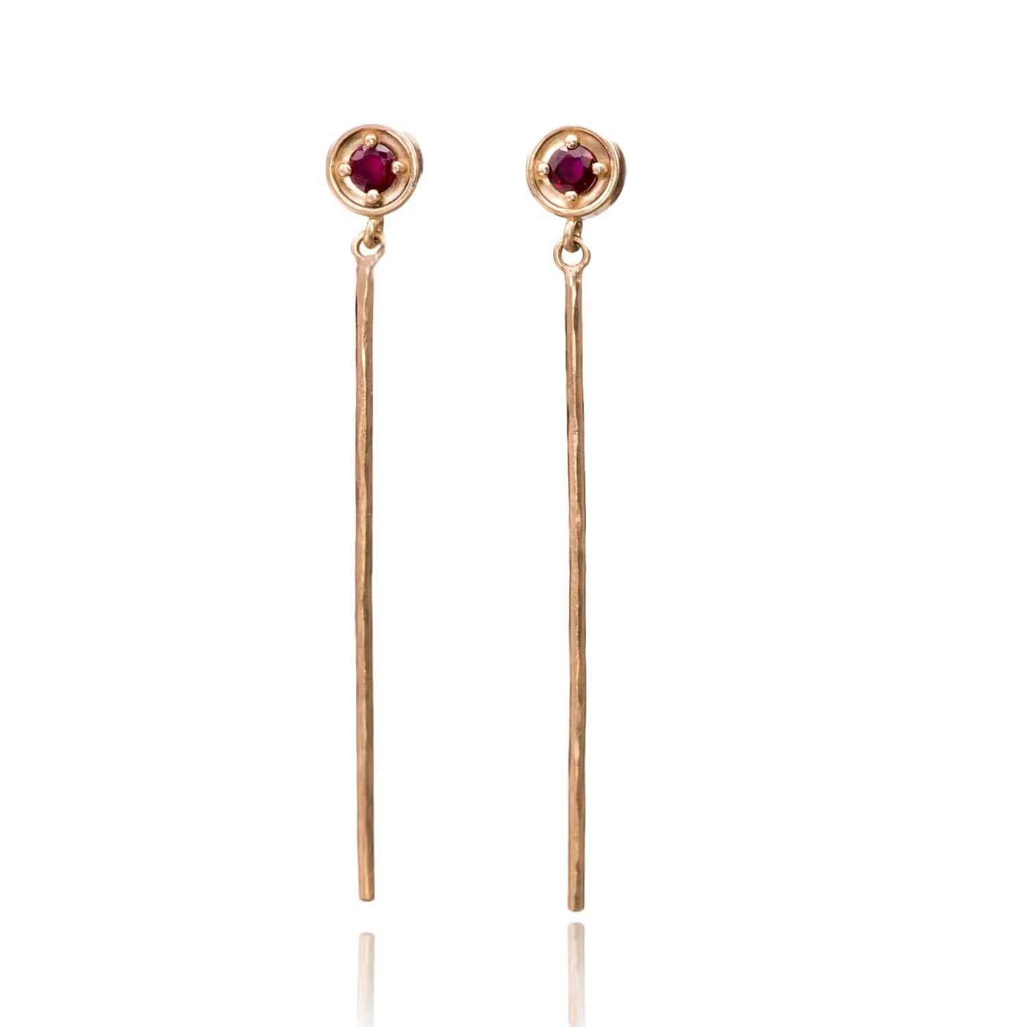 Round Prong Set Ruby 14k Rose Gold Long Dangle Earrings