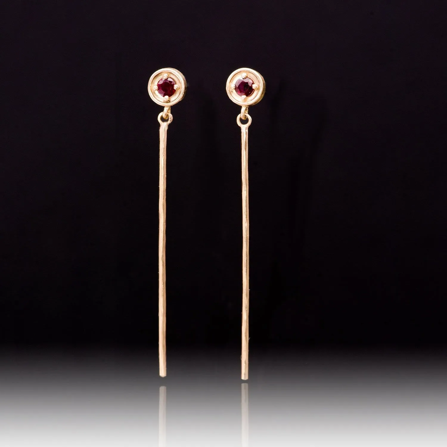 Round Prong Set Ruby 14k Rose Gold Long Dangle Earrings