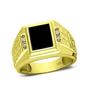 Solid Real 10K Yellow Fine Gold Black Onyx and 4 Diamond Heavy Band Ring for Men