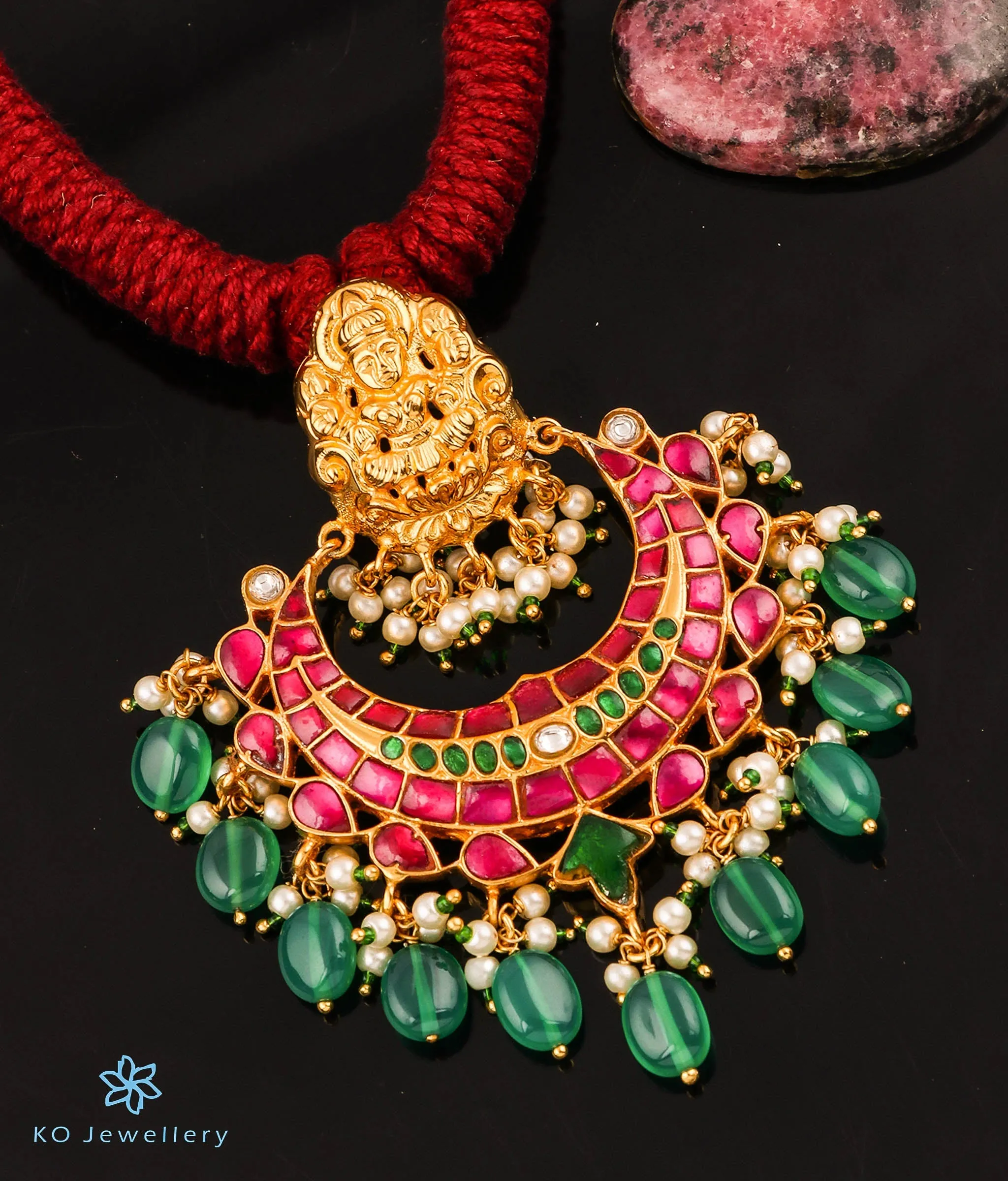 The Sejal Silver Jadau Lakshmi Thread Necklace (Red)