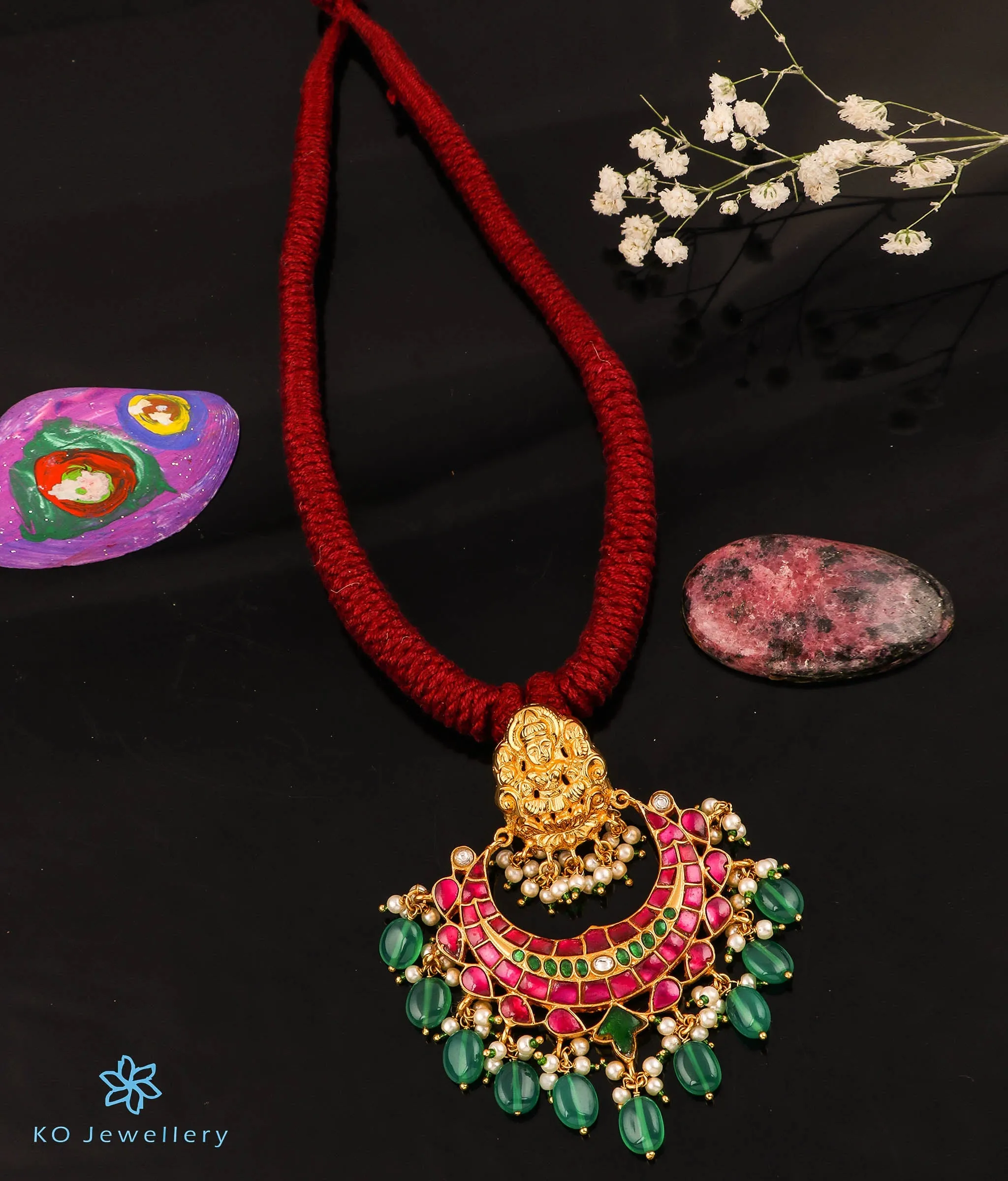 The Sejal Silver Jadau Lakshmi Thread Necklace (Red)