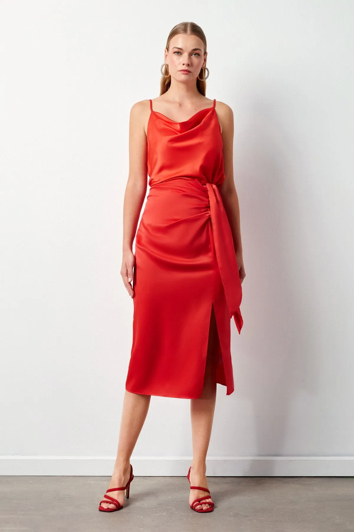 Tied Satin Skirt - Coral