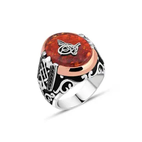 Tughra on Red Ellipse Synthetic Amber Stone Silver Men's Ring Siding Braid Pattern Pattern and Zircons