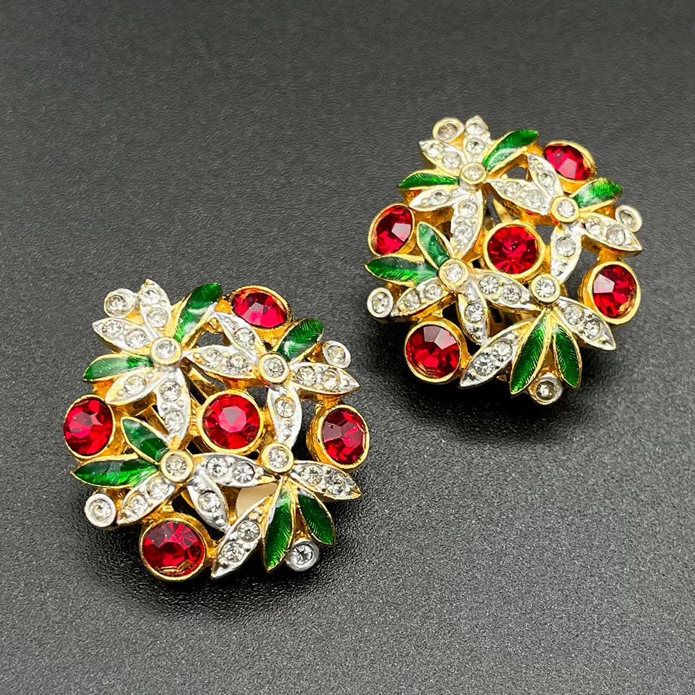 【フランス輸入】ヴィンテージ SPHINX フローラル エナメル ビジュー イヤリング/Vintage SPHINX Floral Enamel Bijou Clip On Earrings