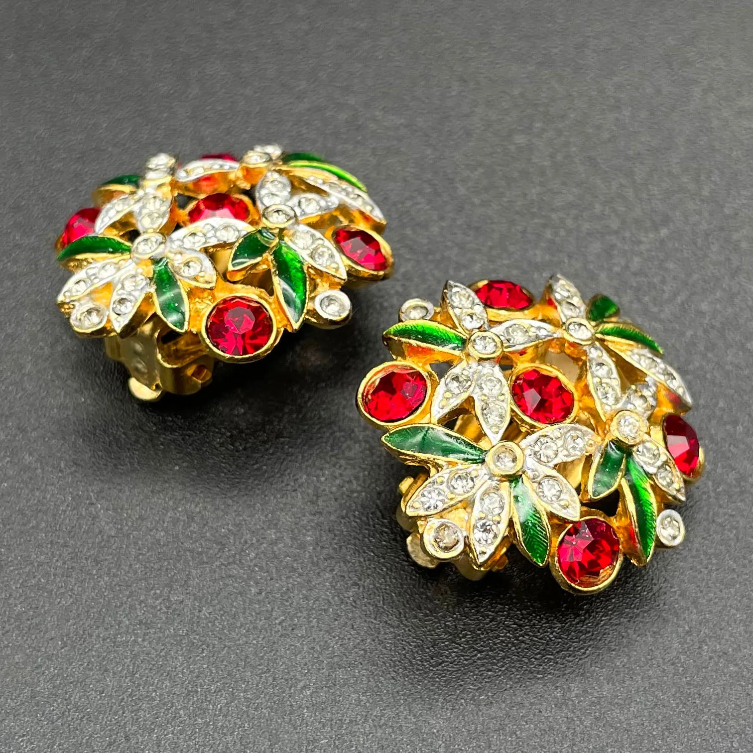 【フランス輸入】ヴィンテージ SPHINX フローラル エナメル ビジュー イヤリング/Vintage SPHINX Floral Enamel Bijou Clip On Earrings