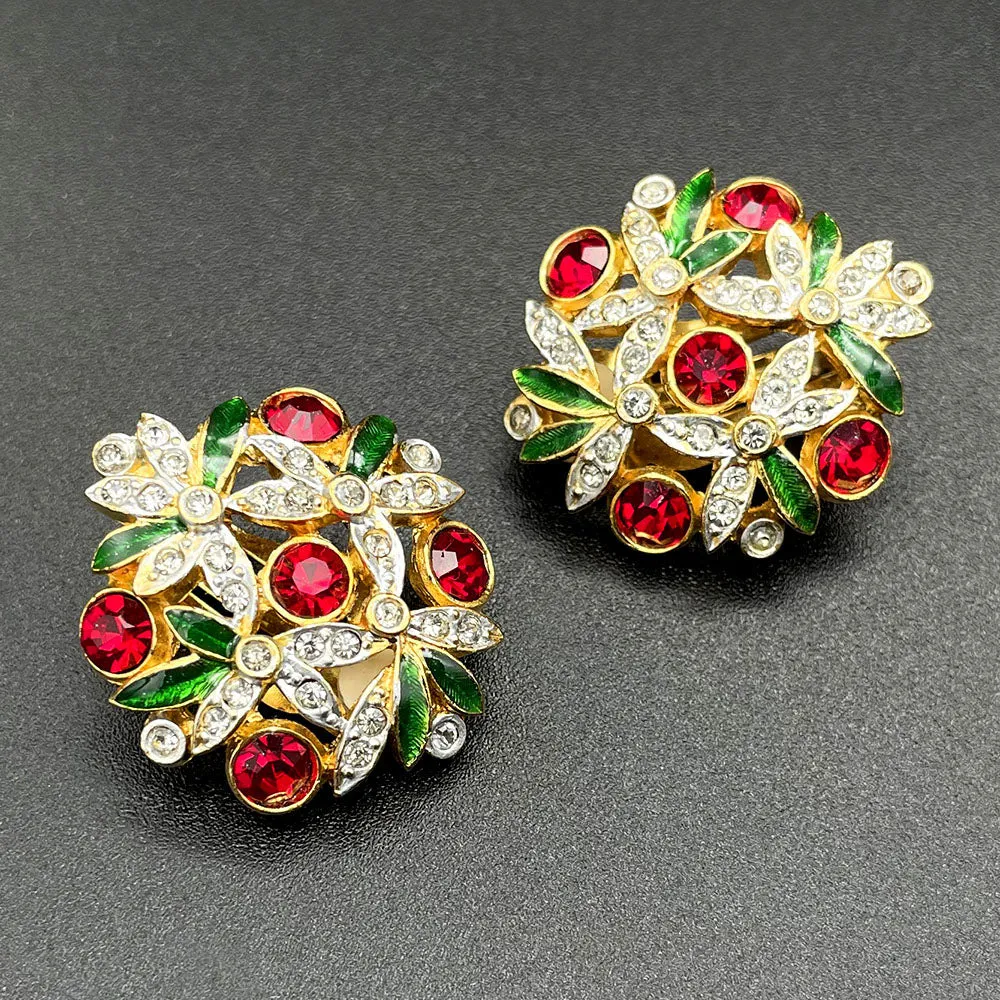 【フランス輸入】ヴィンテージ SPHINX フローラル エナメル ビジュー イヤリング/Vintage SPHINX Floral Enamel Bijou Clip On Earrings